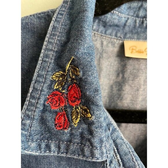 Vintage Bobbie Brooks Short Sleeve Denim Embroidered Roses Floral Shirt Size L - Picture 3 of 6